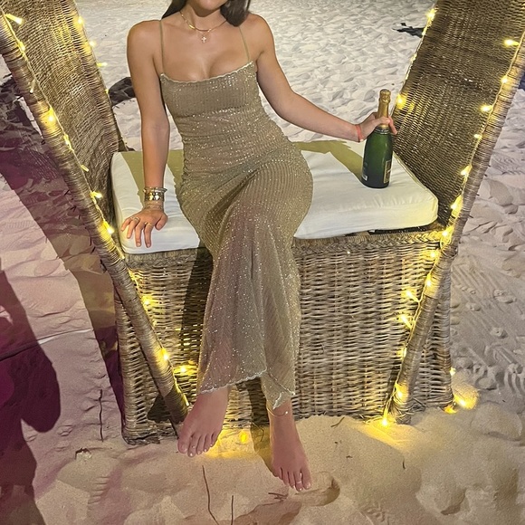 House of CB Alondra Beaded dress size small cafe au lait - Picture 3 of 7